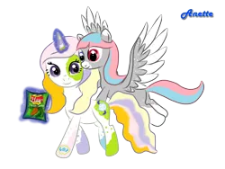 Size: 1000x750 | Tagged: safe, artist:anna-krylova, derpibooru import, oc, oc:asteam moses, oc:dee visions, unofficial characters only, pegasus, pony, unicorn, adoptable, carrot, chips, duo, flying, heterochromia, lays, magic, simple background, telekinesis, transparent background