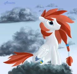 Size: 1000x969 | Tagged: dead source, safe, artist:anna-krylova, derpibooru import, oc, oc:rain song, unofficial characters only, pegasus, pony, braid, cloud, cloudy, offspring, parent:prince blueblood, parent:rainbow dash, parents:bluedash, sitting, solo