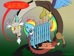 Size: 2400x1800 | Tagged: artist:halflingpony, derpibooru import, discord, discord being discord, inanimate tf, objectification, pun, radiator, radiator dash, rainbow dash, safe, this will end in fire, this will end in pain, transformation