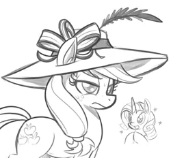 Size: 923x855 | Tagged: angry, applejack, applejack is not amused, artist:reiduran, dead source, derpibooru import, dress up, frown, giant hat, grin, hat, monochrome, rarity, safe, smiling, squee, stars, unamused