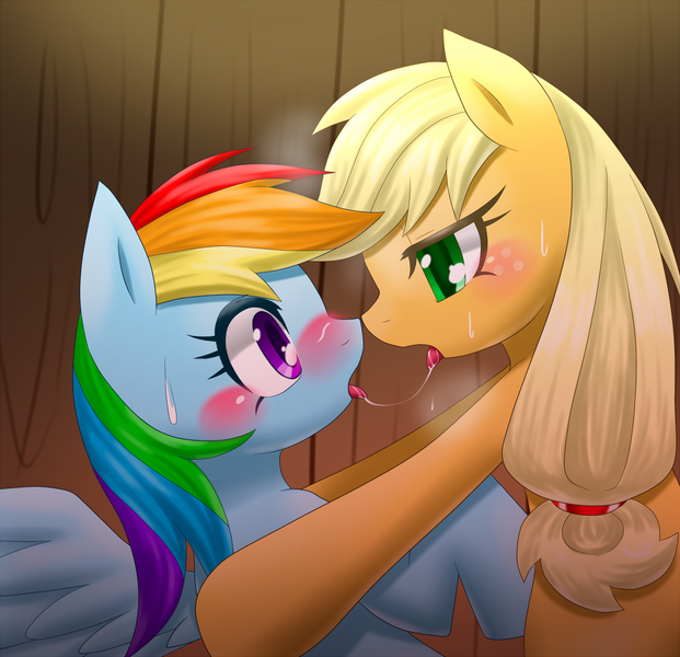 Size: 1000x966 | Tagged: questionable, artist:hashioaryut, derpibooru import, applejack, rainbow dash, earth pony, pegasus, pony, appledash, blushing, drool, drool string, female, kissing, lesbian, looking at each other, mare, open mouth, shipping, sloppy kissing, sweat, tongue out