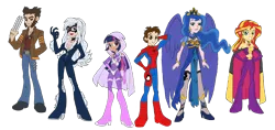 Size: 7442x3508 | Tagged: safe, artist:edcom02, artist:jmkplover, derpibooru import, princess luna, sunset shimmer, twilight sparkle, human, equestria girls, amethyst sorceress, black cat, crossover, humanized, marvel, peter parker, simple background, spider-man, spiders and magic: rise of spider-mane, transparent background, wolverine