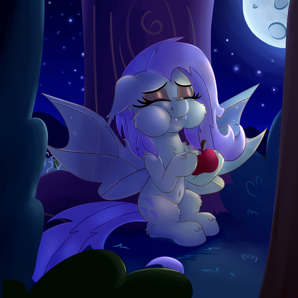 Size: 3000x3000 | Tagged: safe, artist:discorded, derpibooru import, fluttershy, :t, apple, belly button, cute, eating, eyes closed, fangs, floppy ears, fluffy, flutterbat, moon, night, nom, puffy cheeks, shyabates, shyabetes, sitting, smiling, solo, spread wings, unshorn fetlocks