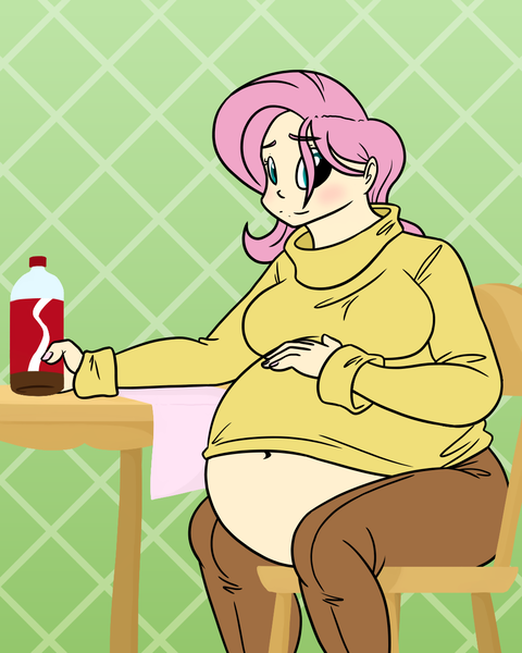 Size: 1000x1250 | Tagged: artist:bigponiesinc, ask feedee twilight, bbw, dead source, derpibooru import, fat, fattershy, fluttershy, human, humanized, muffin top, safe, soda