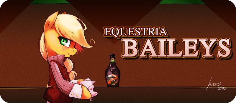 Size: 800x350 | Tagged: safe, artist:derpiihooves, derpibooru import, applejack, alcohol, baileys, clothes, irish cream, shirt, solo, vest