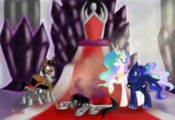 Size: 1077x741 | Tagged: grimdark, artist:unisoleil, derpibooru import, king sombra, princess celestia, princess luna, oc, oc:blade, oc:cora, alicorn, pony, alicorn oc, awkward, awkward moment, blood, canon x oc, crying, death, offspring, parent:king sombra, parent:oc:blade, parents:canon x oc, throne