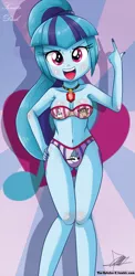 Size: 645x1321 | Tagged: suggestive, alternate version, artist:the-butch-x, derpibooru import, sonata dusk, equestria girls, adorasexy, armpits, beautiful, beautiful x, belly button, bra, breasts, clothes, cute, cutie mark, cutie mark on equestria girl, explicit source, female, hand on hip, high five ghost, mordecai, open mouth, panties, ponytail, regular show, rigby, sexy, solo, solo female, striped underwear, sunburst background, underass, underwear