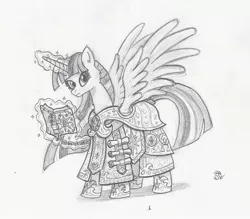 Size: 1946x1708 | Tagged: safe, artist:sensko, derpibooru import, twilight sparkle, twilight sparkle (alicorn), alicorn, pony, armor, black and white, clothes, crossover, diablo, female, grayscale, mare, monochrome, pencil drawing, robe, scroll, solo, spellbook, traditional art, ultimate twilight