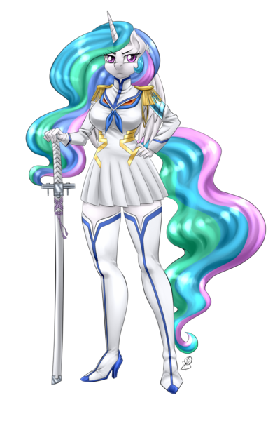 Size: 786x1200 | Tagged: alicorn, anthro, artist:pia-sama, bakuzan, clothes, cosplay, crossover, derpibooru import, female, junketsu, kill la kill, looking at you, plantigrade anthro, princess celestia, safe, satsuki kiryuin, simple background, transparent background