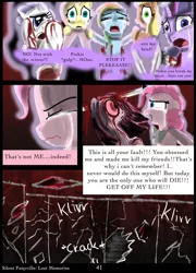 Size: 1024x1423 | Tagged: applejack, artist:helenasherzblut, blood, comic, crying, derpibooru import, fanfic:silent ponyville, fluttershy, grimdark, katana, knife, lost memories, mane six, mirror, murder, pinkamena diane pie, pinkie pie, rainbow dash, rarity, sword, twilight sparkle, weapon