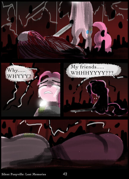 Size: 760x1052 | Tagged: artist:helenasherzblut, blood, comic, crying, derpibooru import, fanfic:silent ponyville, grimdark, lost memories, mirror, pinkamena diane pie, pinkie pie