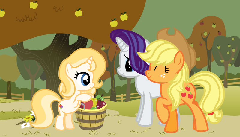 Size: 4960x2842 | Tagged: safe, artist:unoriginai, derpibooru import, applejack, rarity, oc, oc:ambrosia, alternate hairstyle, apple, basket, cute, female, filly, lesbian, magical lesbian spawn, offspring, orchard, parent:applejack, parent:rarity, parents:rarijack, rarijack, shipping