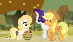 Size: 4960x2842 | Tagged: safe, artist:unoriginai, derpibooru import, applejack, rarity, oc, oc:ambrosia, alternate hairstyle, apple, basket, cute, female, filly, lesbian, magical lesbian spawn, offspring, orchard, parent:applejack, parent:rarity, parents:rarijack, rarijack, shipping