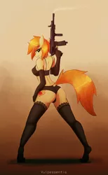 Size: 1700x2759 | Tagged: dead source, suggestive, artist:vulpessentia, derpibooru import, oc, oc:high impact, unofficial characters only, anthro, unicorn, clothes, female, fingerless elbow gloves, gun, solo, solo female, stockings, trigger discipline