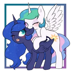 Size: 1280x1280 | Tagged: suggestive, artist:smallandnaughty, derpibooru import, princess celestia, princess luna, alicorn, pony, blushing, drool, drool string, ear bite, fangs, female, heart eyes, incest, lesbian, looking at each other, one eye closed, open mouth, princest, shipping, wingboner, wingding eyes