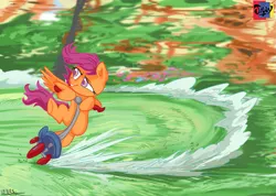 Size: 1199x856 | Tagged: safe, artist:jowybean, derpibooru import, scootaloo, fast, scooter, smug, solo