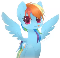 Size: 1553x1501 | Tagged: safe, artist:e-pon, derpibooru import, rainbow dash, :p, cute, dashabetes, fluffy, looking at you, raised hoof, reflection, simple background, solo, spread wings, tongue out, white background