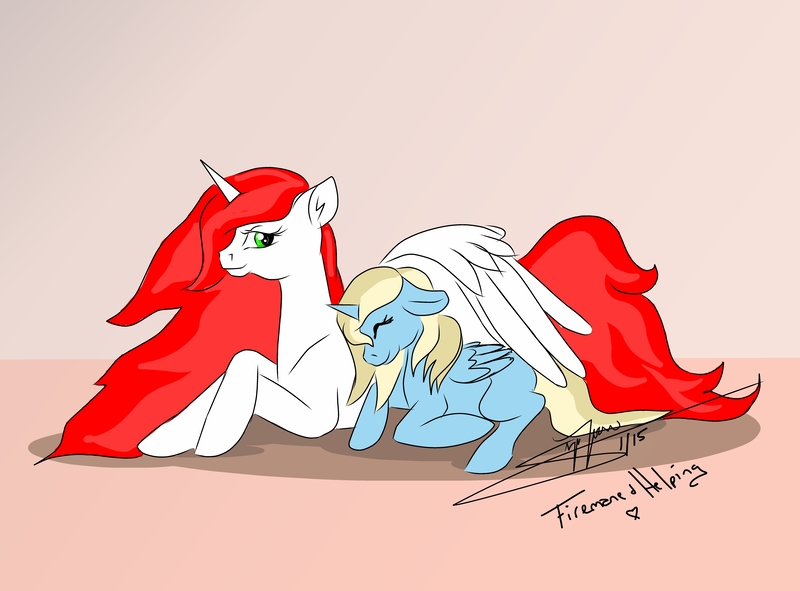 Size: 6900x5100 | Tagged: safe, artist:littlewolfstudios, derpibooru import, oc, oc:firemane, oc:helpinghoof, unofficial characters only, alicorn, pony, absurd resolution, alicorn oc, blank flank, cuddling, hug, snuggling, winghug, wings