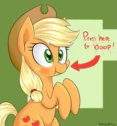 Size: 1413x1521 | Tagged: safe, artist:notenoughapples, derpibooru import, applejack, earth pony, pony, :t, arrow, blushing, boop, cute, female, imminent boop, jackabetes, mare, nose wrinkle, puffy cheeks, scrunchy face, silly, silly pony, simple background, solo, wide eyes