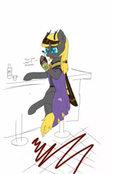 Size: 779x1200 | Tagged: artist:codras, bar, bracer, clothes, crossed legs, derpibooru import, dialogue, dress, hairclip, hoof strap, martini, mothpony, necklace, oc, oc:hexferry, original species, safe, simple background, sitting, solo, unofficial characters only
