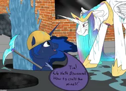 Size: 1000x727 | Tagged: safe, artist:backlash91, derpibooru import, princess celestia, princess luna, alicorn, pony, angry, celestia is not amused, diamond pickaxe, hard hat, hat, manhole, marehole, minecraft, pickaxe, soaked, water, wet, wet mane, ye olde butcherede englishe