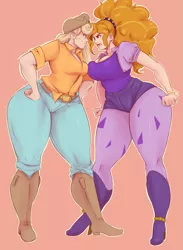 Size: 1131x1545 | Tagged: adagio dat-azzle, adagio dazzle, angry, applebucking thighs, applejack, artist:sundown, big breasts, breasts, busty adagio dazzle, busty applejack, cleavage, dazzlejack, derpibooru import, female, freckles, human, humanized, lesbian, safe, scar, shipping, stare, thighs, wide hips