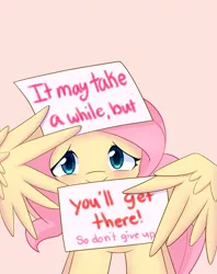 Size: 791x1000 | Tagged: safe, artist:joyfulinsanity, derpibooru import, fluttershy, pegasus, pony, blushing, encouragement, female, mare, motivational, positive message, positive ponies, sign, solo