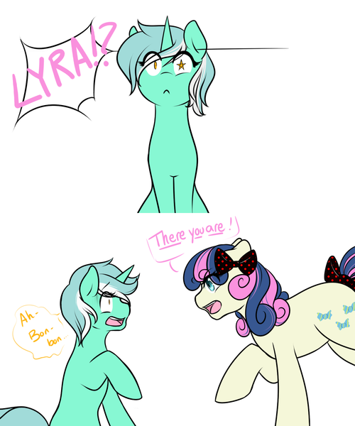 Size: 1280x1536 | Tagged: safe, artist:azure-doodle, derpibooru import, bon bon, lyra heartstrings, sweetie drops, earth pony, pony, unicorn, bow, dialogue, looking at each other, open mouth, raised hoof, sexually confused lyra, simple background, tail bow, white background