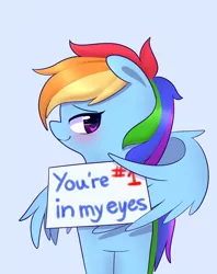 Size: 712x900 | Tagged: safe, artist:joyfulinsanity, derpibooru import, rainbow dash, pegasus, pony, blushing, embarrassed, female, flirting, looking at you, mare, motivational, positive ponies, shy, sign, smiling, solo, wing hands