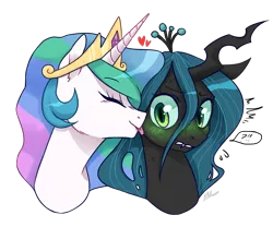 Size: 1200x1000 | Tagged: safe, artist:xarakayx, derpibooru import, princess celestia, queen chrysalis, alicorn, changeling, changeling queen, pony, blushing, chryslestia, cute, cutealis, cutelestia, eyes closed, female, gritted teeth, heart, lesbian, licking, mare, shipping, simple background, smiling, surprised, sweat, tongue out, transparent background, wide eyes