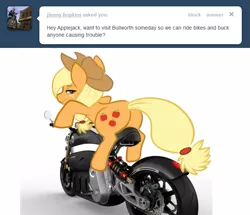 Size: 667x574 | Tagged: applejack, ask, derpibooru import, motorcycle, safe, solo, tumblr