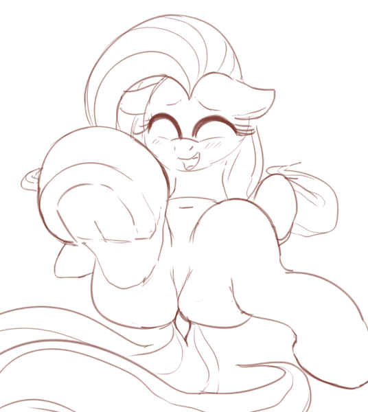 Size: 665x745 | Tagged: artist:dotkwa, belly button, derpibooru import, featureless crotch, fetish, fluttershy, hoof fetish, laughing, monochrome, on back, pixiv, solo, suggestive, underhoof