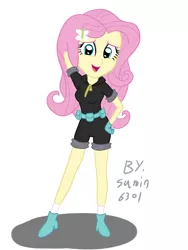 Size: 2000x2666 | Tagged: safe, artist:sumin6301, derpibooru import, fluttershy, equestria girls, arm behind head, clothes, cute, dangerous mission outfit, female, gloves, looking at you, open mouth, simple background, smiling, solo, white background