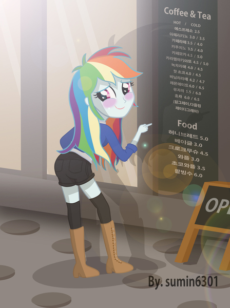 Size: 1982x2654 | Tagged: questionable, artist:sumin6301, derpibooru import, rainbow dash, equestria girls, alternate costumes, blushing, boots, clothes, hot pants, korean, rainbutt dash, solo, stockings, sweater