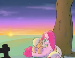 Size: 1200x927 | Tagged: applejack, applepie, artist:scherzo, derpibooru import, female, lesbian, pinkie pie, safe, shipping, sleeping, sunset