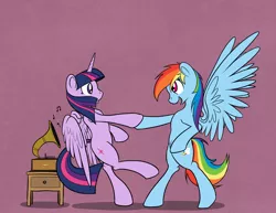 Size: 1500x1159 | Tagged: safe, artist:scherzo, derpibooru import, rainbow dash, twilight sparkle, twilight sparkle (alicorn), alicorn, pony, :o, bipedal, dancing, eye contact, female, gramophone, lesbian, mare, music notes, open mouth, record player, shipping, smiling, spread wings, twidash