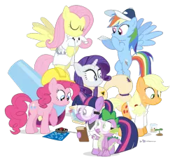 Size: 795x735 | Tagged: angel bunny, applejack, artist:dm29, blueprint, clipboard, cute, derpibooru import, doctor fluttershy, fluttershy, goggles, hard hat, hat, hazmat suit, mane six, paper plane, party cannon, pinkie pie, rainbow dash, rarity, safe, safety goggles, science, seedling, simple background, spike, stethoscope, stopwatch, transparent background, twilight sparkle