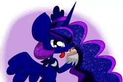 Size: 1200x800 | Tagged: safe, artist:lovehtf421, derpibooru import, princess luna, cake, eating, impossibly large ears, solo, spread wings, tongue out