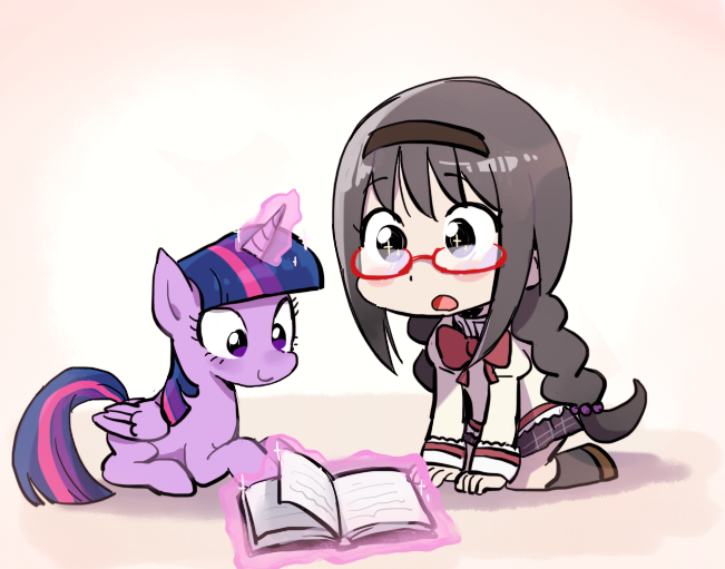 Size: 651x511 | Tagged: safe, artist:baekgup, derpibooru import, twilight sparkle, twilight sparkle (alicorn), alicorn, human, pony, book, crossover, female, homura akemi, magic, mare, puella magi madoka magica, telekinesis