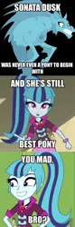 Size: 606x1822 | Tagged: safe, artist:sloththechaos666, derpibooru import, screencap, sonata dusk, hippocampus, merpony, siren, equestria girls, best pony, caption, frown, glare, grin, gritted teeth, image macro, looking at you, meme, open mouth, pointing, sharp teeth, smiling, teeth, text, wide eyes, you mad bro