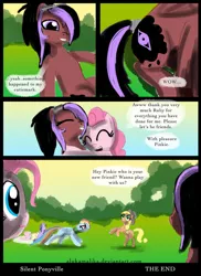 Size: 763x1047 | Tagged: applejack, artist:helenasherzblut, comic, derpibooru import, fanfic:silent ponyville, fluttershy, hug, lost memories, oc, oc:ruby crow, pinkie pie, rainbow dash, safe, twilight sparkle