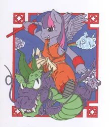 Size: 832x960 | Tagged: safe, artist:mohawkrex, derpibooru import, rainbow dash, spike, twilight sparkle, twilight sparkle (alicorn), alicorn, pony, dragon ball, dragon ball z, female, flying nimbus, goku, mare, shenron, son goku, son twilight