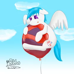 Size: 2000x2000 | Tagged: safe, artist:ponballoon, deleted from derpibooru, derpibooru import, oc, oc:floaty globe, oc:floatyglobe, unofficial characters only, pegasus, pony, balloon, birthday gift, cloud, cuddling, cute, floating, flying, hug, sky, solo