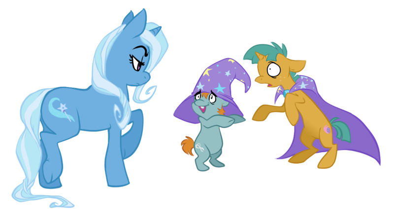 Size: 1280x696 | Tagged: artist needed, safe, artist:electriczebra, derpibooru import, snails, snips, trixie, pony, unicorn, accessory swap, artifact, cape, clothes, colt, female, hat, male, mare, simple background, transparent background, trixie's cape, trixie's hat, vector