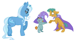 Size: 1280x696 | Tagged: artist needed, safe, artist:electriczebra, derpibooru import, snails, snips, trixie, pony, unicorn, accessory swap, artifact, cape, clothes, colt, female, hat, male, mare, simple background, transparent background, trixie's cape, trixie's hat, vector