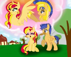 Size: 1862x1483 | Tagged: safe, artist:1231redflame, derpibooru import, flash sentry, sunset shimmer, alicorn, pegasus, pony, unicorn, alicornified, blushing, daydream, female, flashimmer, male, race swap, shimmercorn, shipping, straight, wooden sword, younger