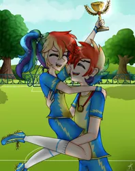 Size: 1900x2400 | Tagged: artist:kikirdcz, derpibooru import, human, humanized, rainbow blitz, rainbow dash, rule 63, safe, self ponidox, trophy