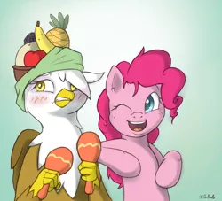 Size: 896x814 | Tagged: safe, artist:i am nude, derpibooru import, gilda, pinkie pie, gryphon, blushing, cute, embarrassed, fruit, fruit hat, hat, maracas, musical instrument, smiling