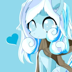 Size: 700x700 | Tagged: safe, artist:an-m, derpibooru import, oc, oc:snowdrop, unofficial characters only, pegasus, pony, blue background, bust, chest fluff, cloak, clothes, ear fluff, female, filly, floating heart, heart, leg fluff, simple background, sitting, smiling, solo
