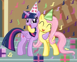 Size: 1075x864 | Tagged: safe, artist:majkashinoda626, derpibooru import, fluttershy, twilight sparkle, twilight sparkle (alicorn), alicorn, pony, birthday, female, hat, hug, mare, party, party hat, smiling